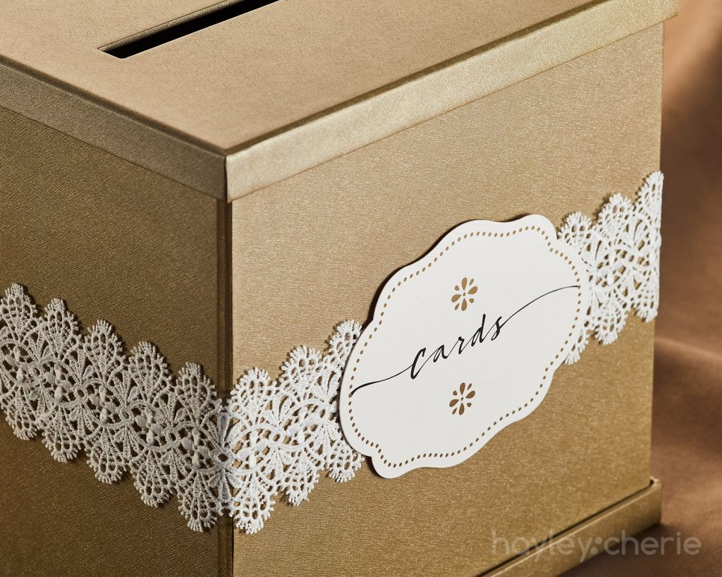 Gold Gift Card Box with White Lace and Cards Label – 10″ x 10″