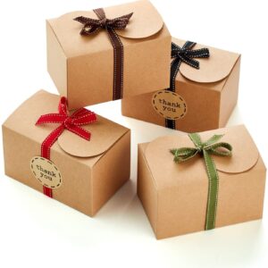 rectangle kraft brown gift treat box with thank you labels, brown, black, red, ribbon cloth
