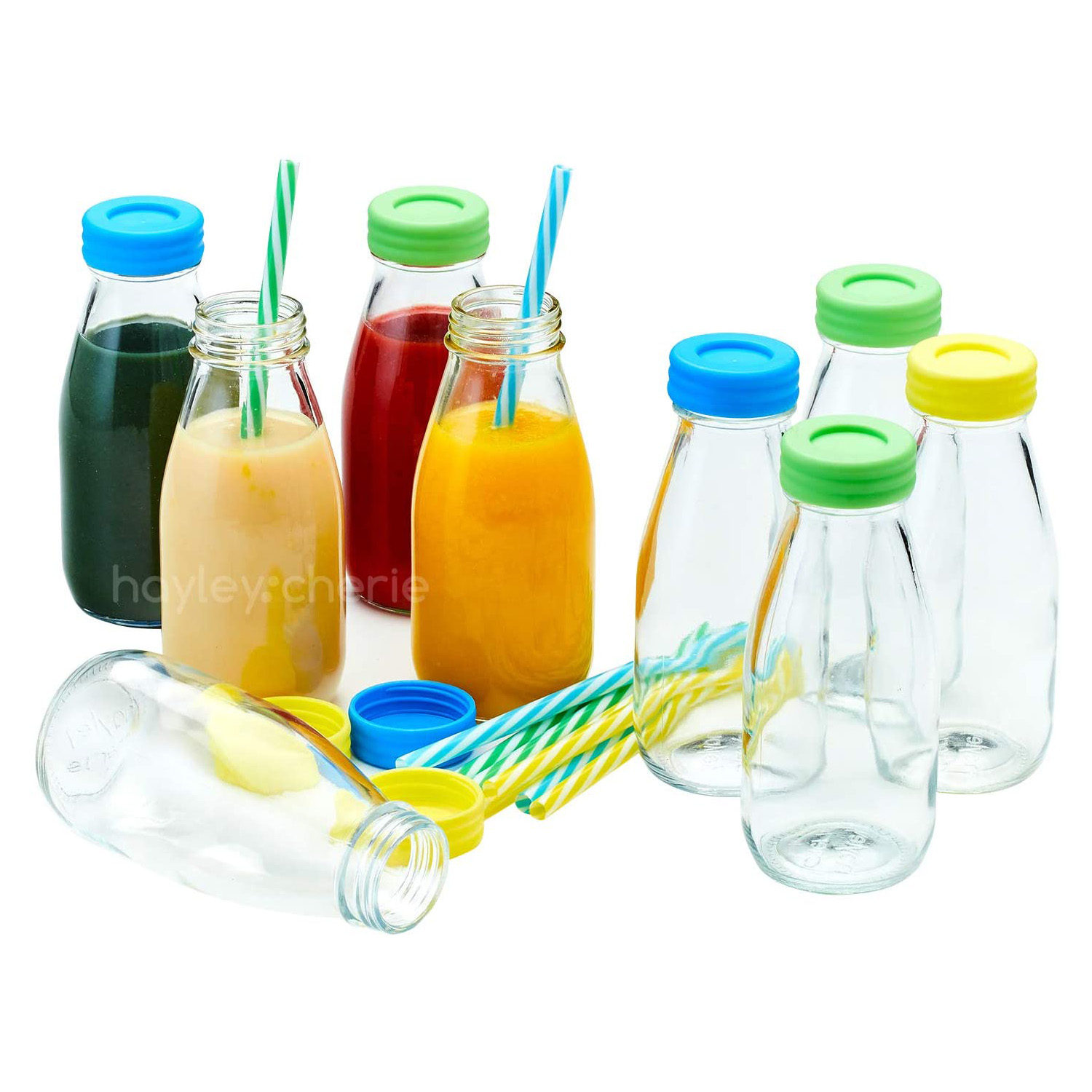 Buy glass bottles for juices and milk in various sizes and closures