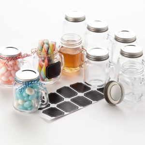 Hayley Cherie - 2.5 oz Glass Mason Jars with Handles and Lids (Set of 10) Small Favor Jars with Chalkboard Labels