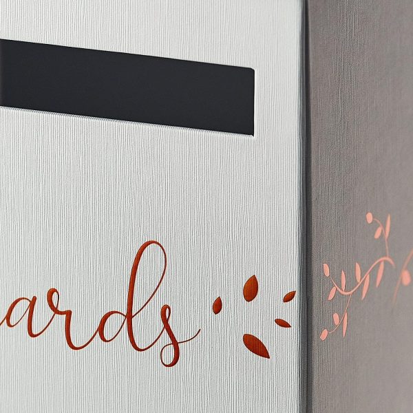 White Gift Card Box with Rose Gold Foil Design - Large 8.7" x 8.7" x 12.8" - Wedding Receptions, Baby & Bridal Showers, Sweet 16, Birthdays, 21st Parties