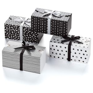 rectangle black and white gift boxes with ribbons 4"x 3.7" x 8"