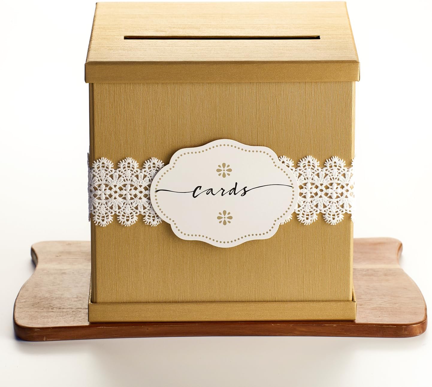 Gold Gift Card Box with White Lace and Cards Label – 10″ x 10″