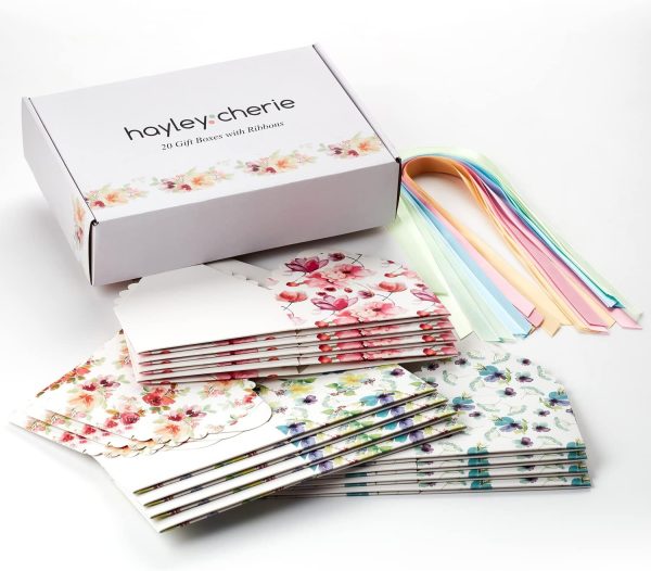 Floral Square Gift Treat White Boxes with Ribbons orange, blue, green, pink