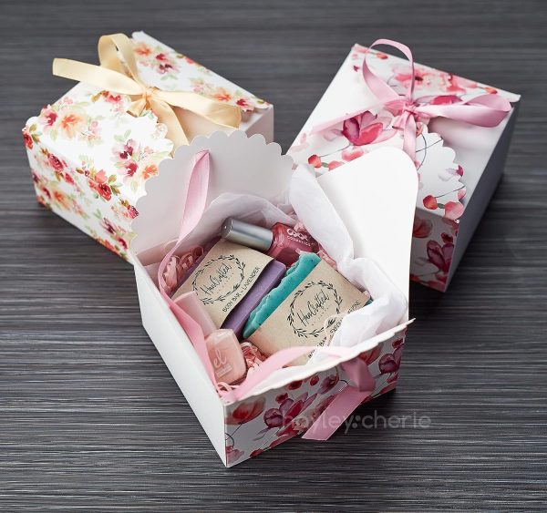 Floral Square Gift Treat White Boxes with Ribbons orange, blue, green, pink