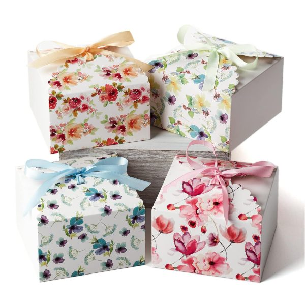 Floral Square Gift Treat White Boxes with Ribbons orange, blue, green, pink