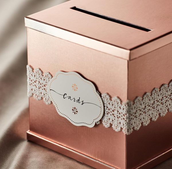 Rose Gold Foil Wedding Gift Card Box With Label and White Lace