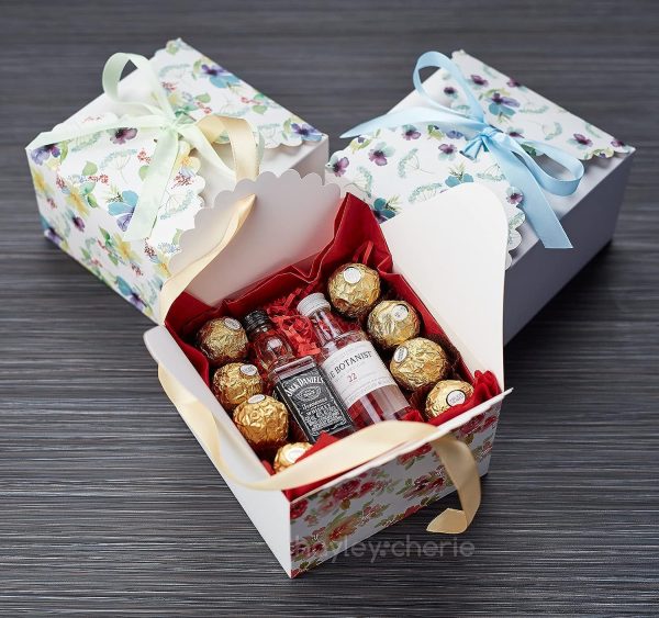 Floral Square Gift Treat White Boxes with Ribbons orange, blue, green, pink