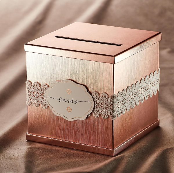 Rose Gold Wedding Gift Card Box With Label and White Lace