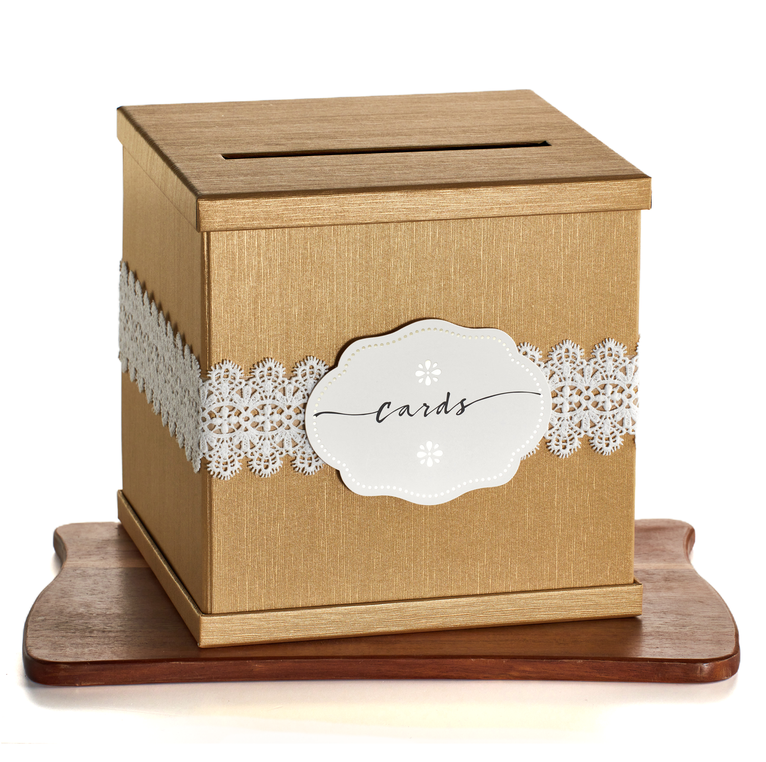 Gold Gift Card Box with White Lace and Cards Label – 10″ x 10″