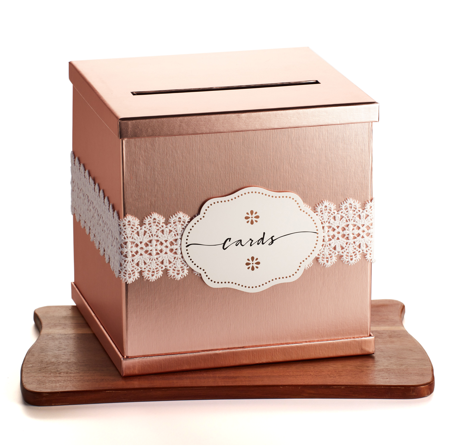 Rose Gold Gift Card Box with White Lace – Large Size 10″ x 10″