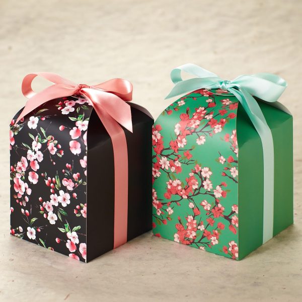 floral treat boxes with ribbons with curved lid green black red white