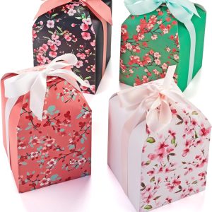 Floral Gift Treat Boxes with Ribbons (20 Pack) - 6 x 5 x 5 inches